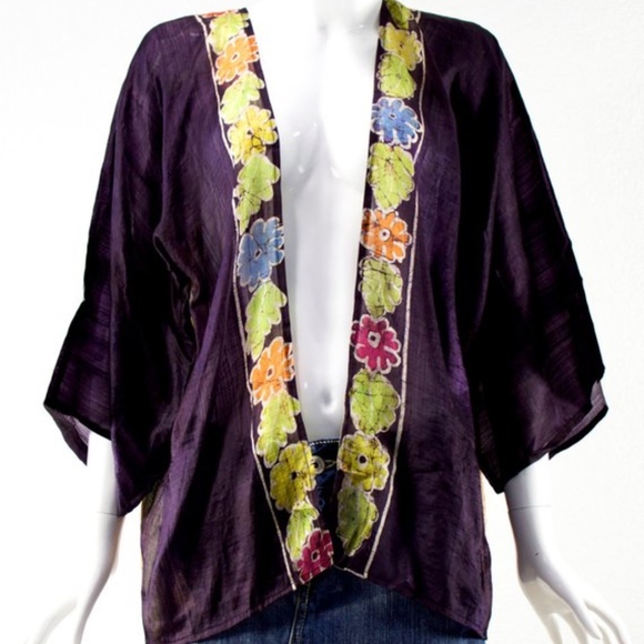 1970's India SILK Bird Kimono Duster - Picture 1 of 3